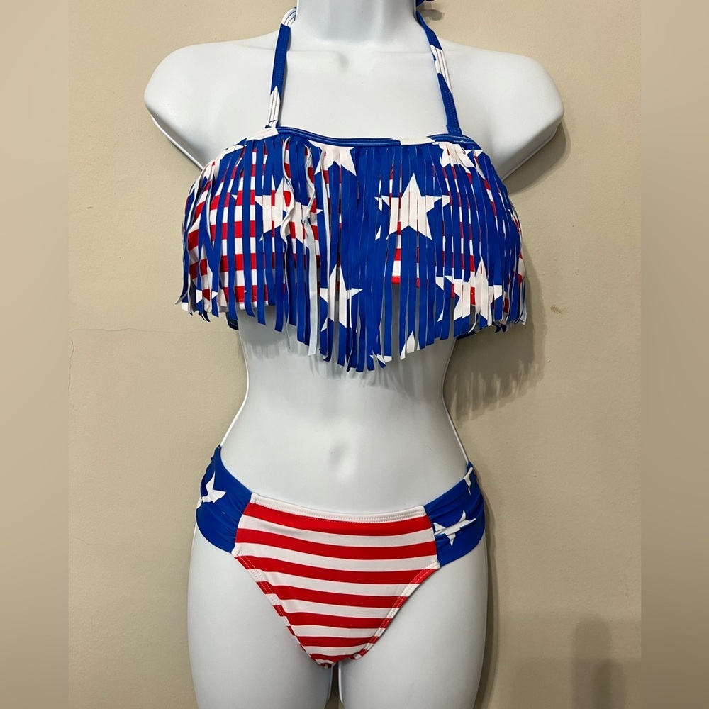 American Flag Fringe Halter Bandeau Stars Stripes Bikini Set